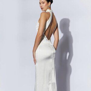 Elegant White Maxi Dress Open Back XS - Meshki Claire Satin Drape Halter Neck